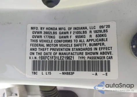 2020 Honda Civic Ex from USA, damaged, VIN 19XFC1F31LE219621